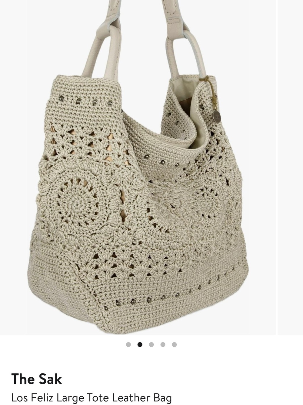 The Sak Crochet Tote in Cream with Leather Handles